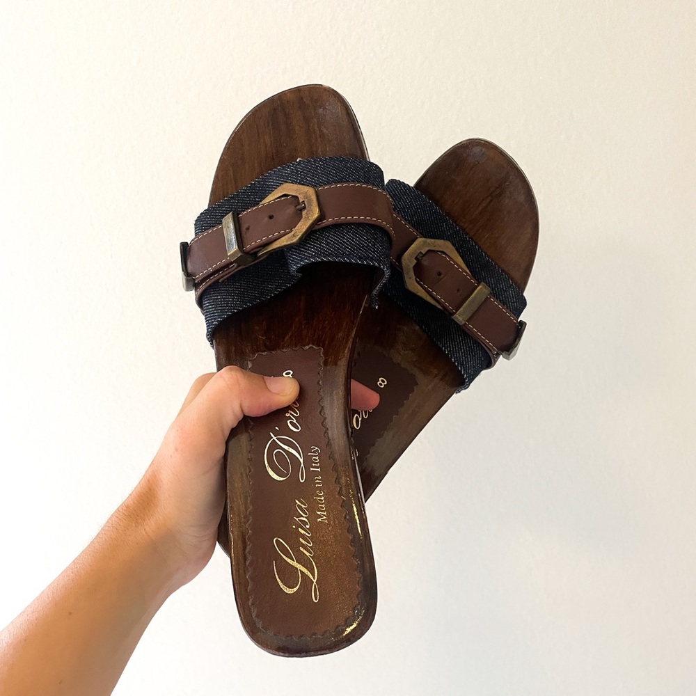 Denim buckle heels